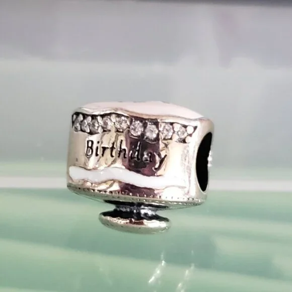 Retired Sterling Silver Happy Birthday Cake with Mixed Enamel and Clear Zirconia - Picture 4 of 8